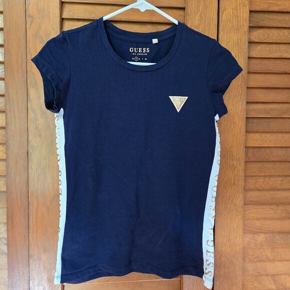 Guess Navy Blue /White Stripes Gold Lettering S/XS Woman’s TSHIRT - Picture 1 of 6